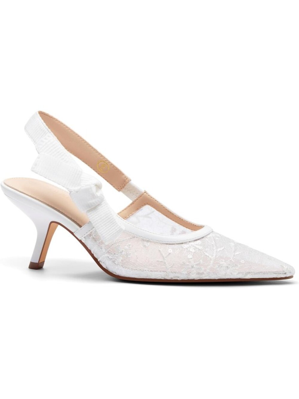 Women's Lace White Imported Closed Pointed Toe Bowknot Slingback Kitten Heels